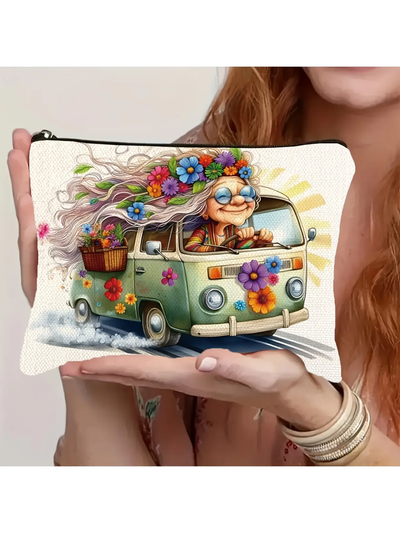 [Reusable Floral Bag] Durable Reusable Floral Makeup Bag | Vibrant Hippie-Style Travel Pouch for Women's Daily Essentials, Makeup, and Accessories, Travel Cosmetic Bag, Cosmetic Travel Bags, Cosmetics Bag