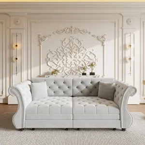 Eyisean Sturdy Iron Frame Velvet Fabric Extendable Convertible Sleeper Sofa Bed - 83.8"/97.6" California King Size, Classic Roll Arm Chesterfield Couch with Flower Tufting, Sponge Cushioning, Seats 3, 2 Pillows for Living Room, Bedroom