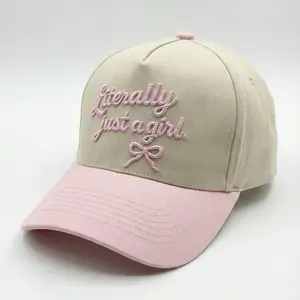 Literally Just A Girl Hat - Beige & Pink Trucker Cap with Embroidered Bow Design for Women