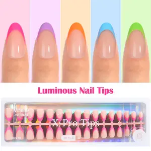 150/160PCS Luminous Nail Tips Set-5 Sheets 15/16 Size Glow in The Dark Effect Press on Gel Nail Tips Kit, Pink Purple Blue DIY French Nail Design for Manicure
