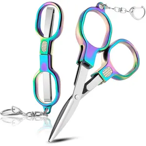 2 Pcs Folding Stainless Steel Portable Mini Travel Scissors, Safety Foldable Pocket Badge Small All Purpose Scissors with 2 Keychain for Travel, Home, Office, Craft, Sewing, Nurse Accessories