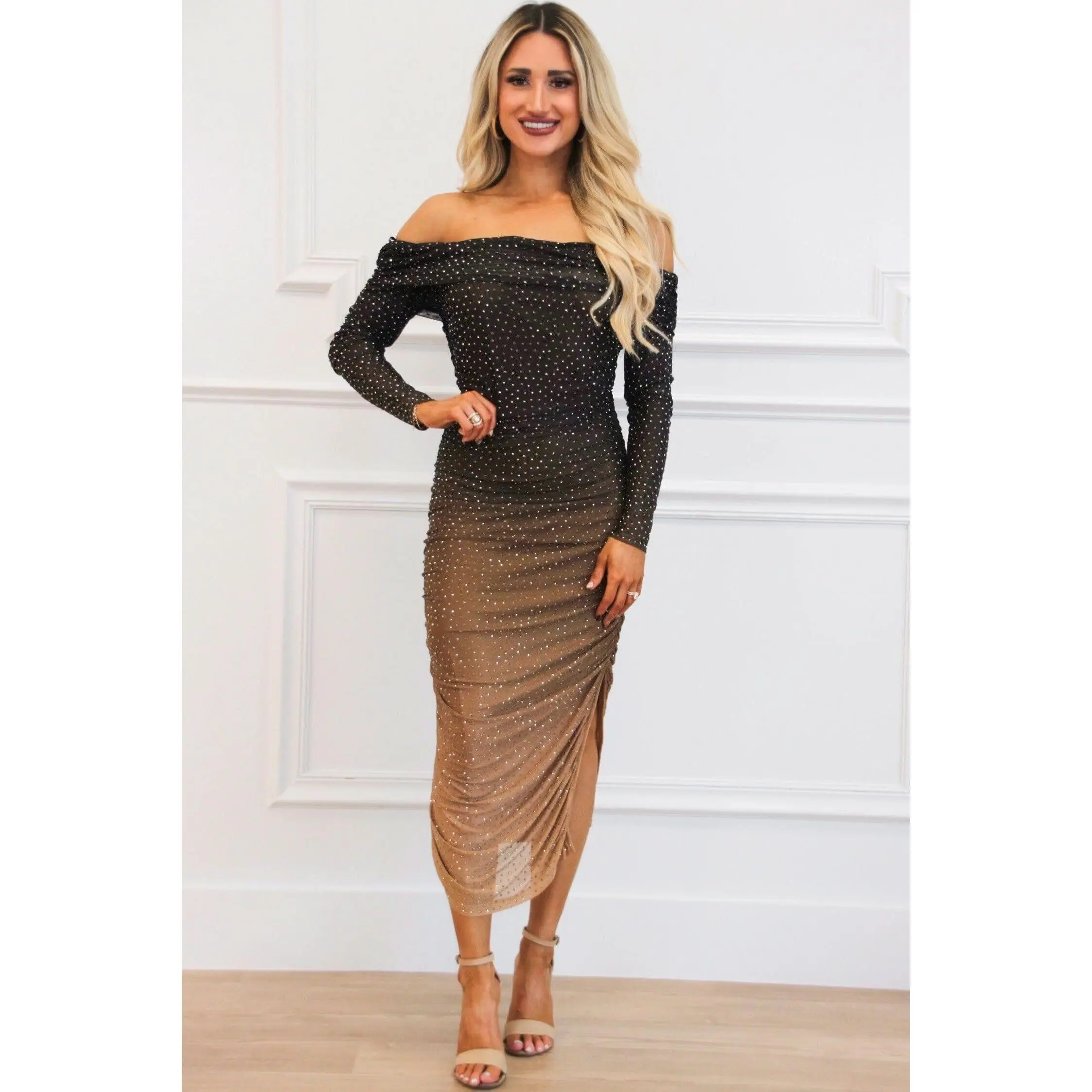Nicola Off Shoulder Ombre Embellished Midi Dress: Mocha