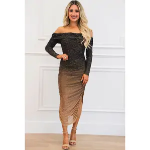 Nicola Off Shoulder Ombre Embellished Midi Dress: Mocha