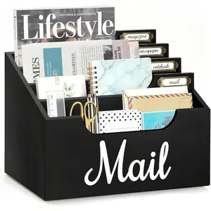 Rustic Wood Mail Organizer Countertop with 4 Slots, Black Mail Holder for Desk, Removable Dividers Mail Sorter, Letter Bill File Organizer for Home Office Classroom, Desktop Organizer with Free Labels