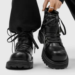 Men's black buckle strap platform combat boots, lace-up punk-style ankle boots, edgy streetwear design