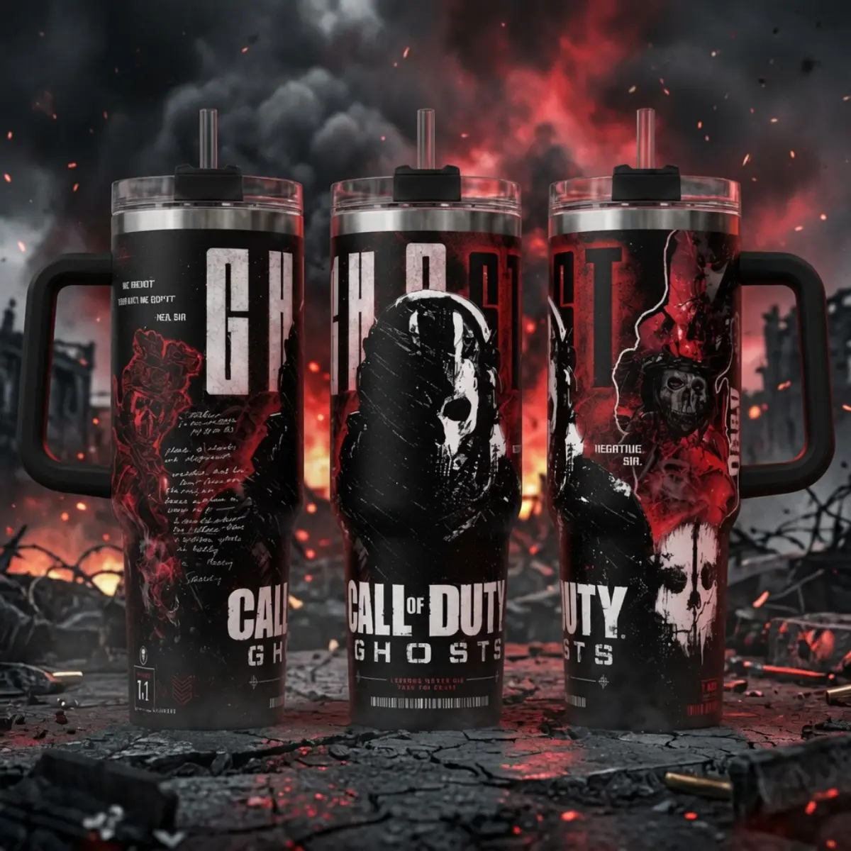 Call Of Duty Ghosts Insulated Tumbler, 40oz Handle Cup, Reusable Bottle with Lid, COD Simon Riley Inspired, Tactical Red-Black Graphic, "Legends Never Die They Go Ghost" Stainless Steel Tumblers, Fan Gift For Gamer