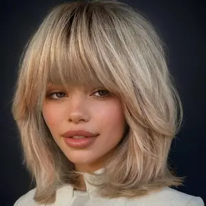 Jessie's Wig [Joy] Ombre Ash Blonde Straight Layered Bob Wig With Bangs Minimalist Lace For Women Glueless Wig Remy Human Hair