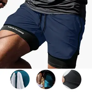 Men's two-piece double-layer sports shorts in solid color, with multiple pockets, suitable for fitness, running, outdoor hiking, soccer, beach and casual wear.