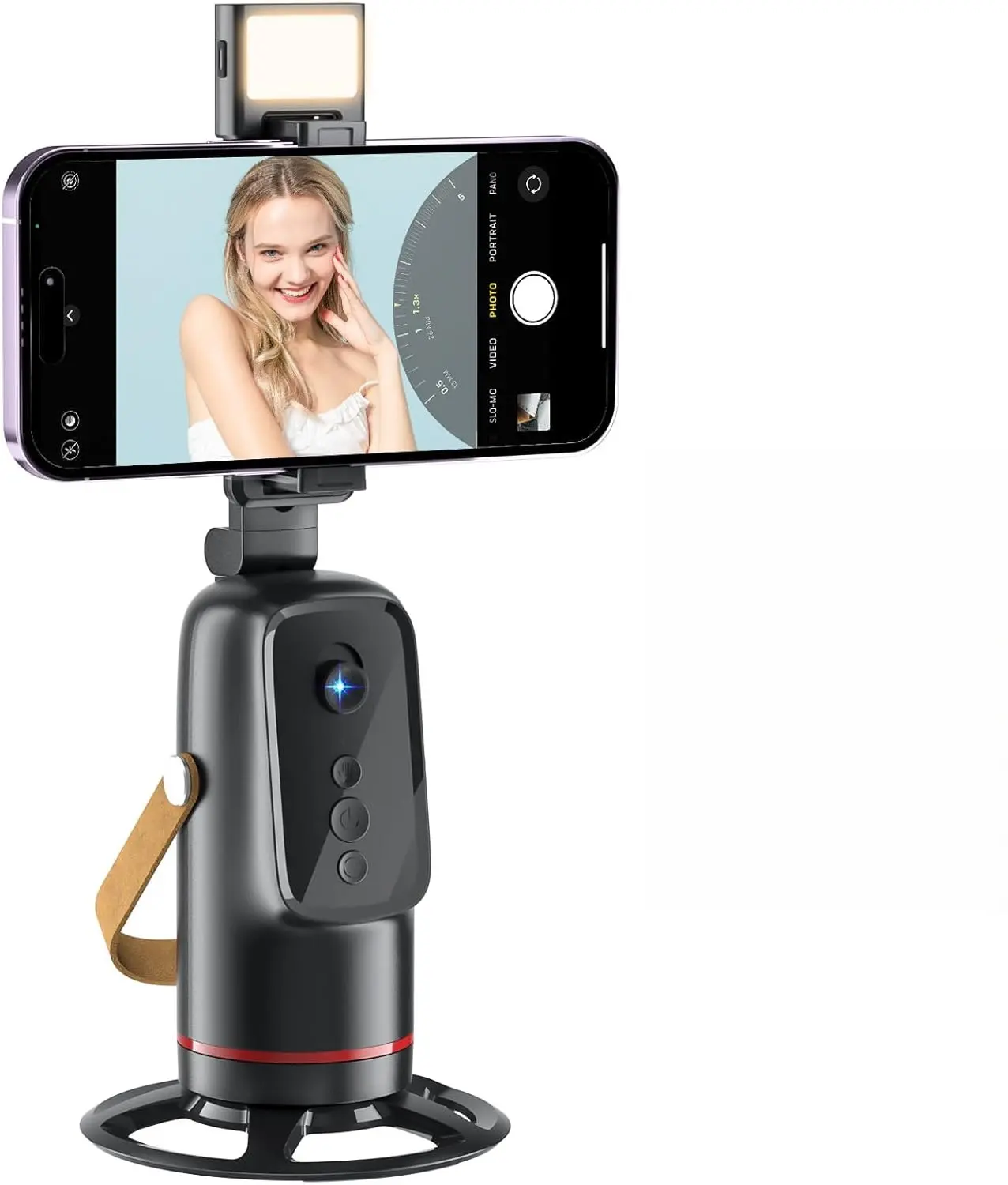 Auto Face Tracking Phone Holder with Remote and Light, 360° Rotation Tripod Stand for Call Phone, GoPro, Compact Camera, Hands Free Shutter with Zoom & Front/Rear Camera Switch for iPhone Android