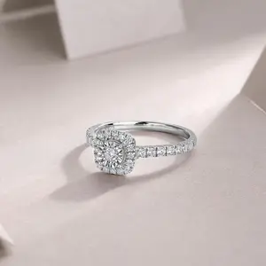 Sterling Silver Halo Lab Grown Engagement Ring, Pave Band cluster 5vs1 engagement ring princess cut ring halorings