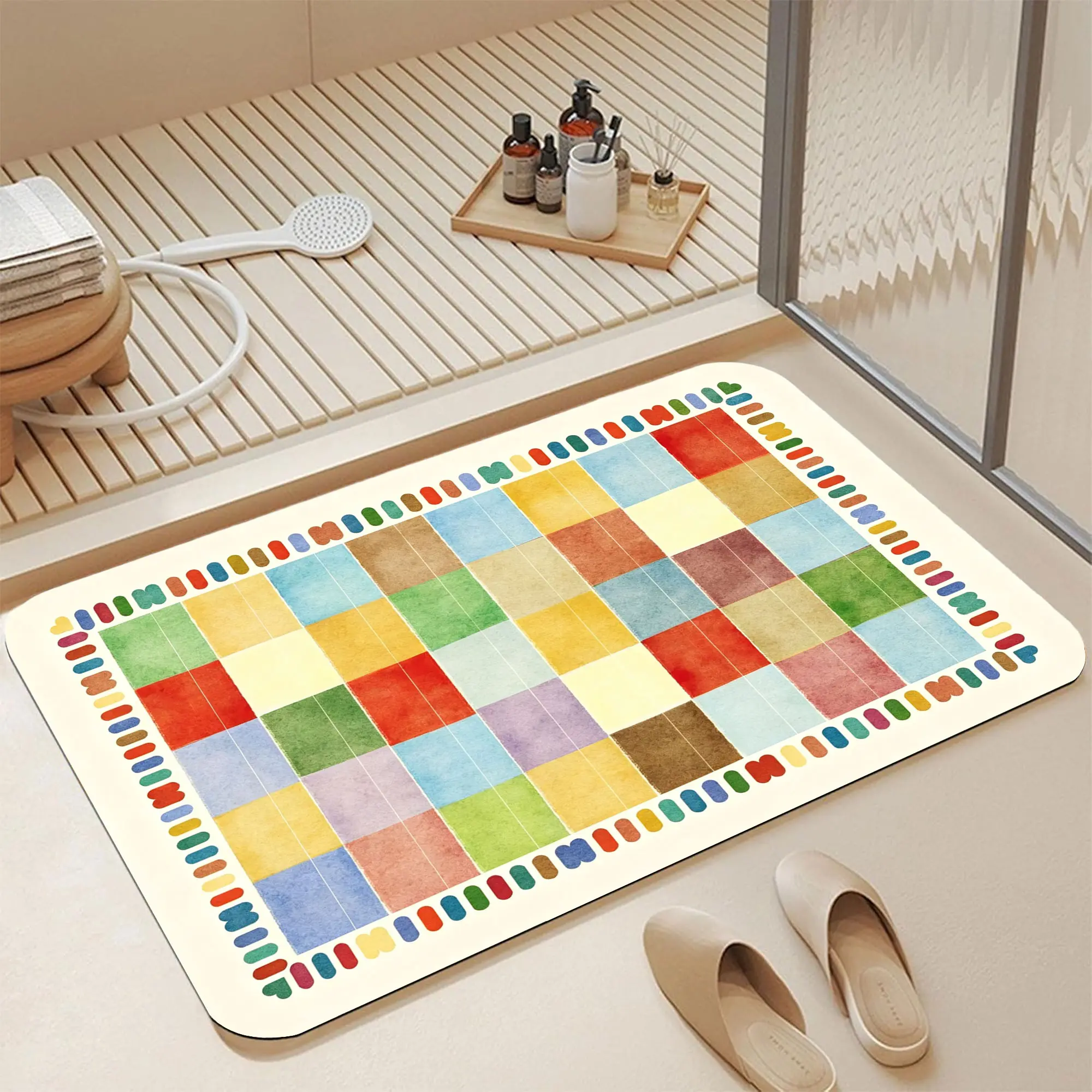 Vibrant Rainbow Watercolor Checkerboard Soft Diatomite Bath Mat 16*24" |   Instant Water Absorbing Non Skid Mildew Resistant Shower Rug Stylish Playful & Boho Bathroom Decor Mat for Colorful Home Lovers
