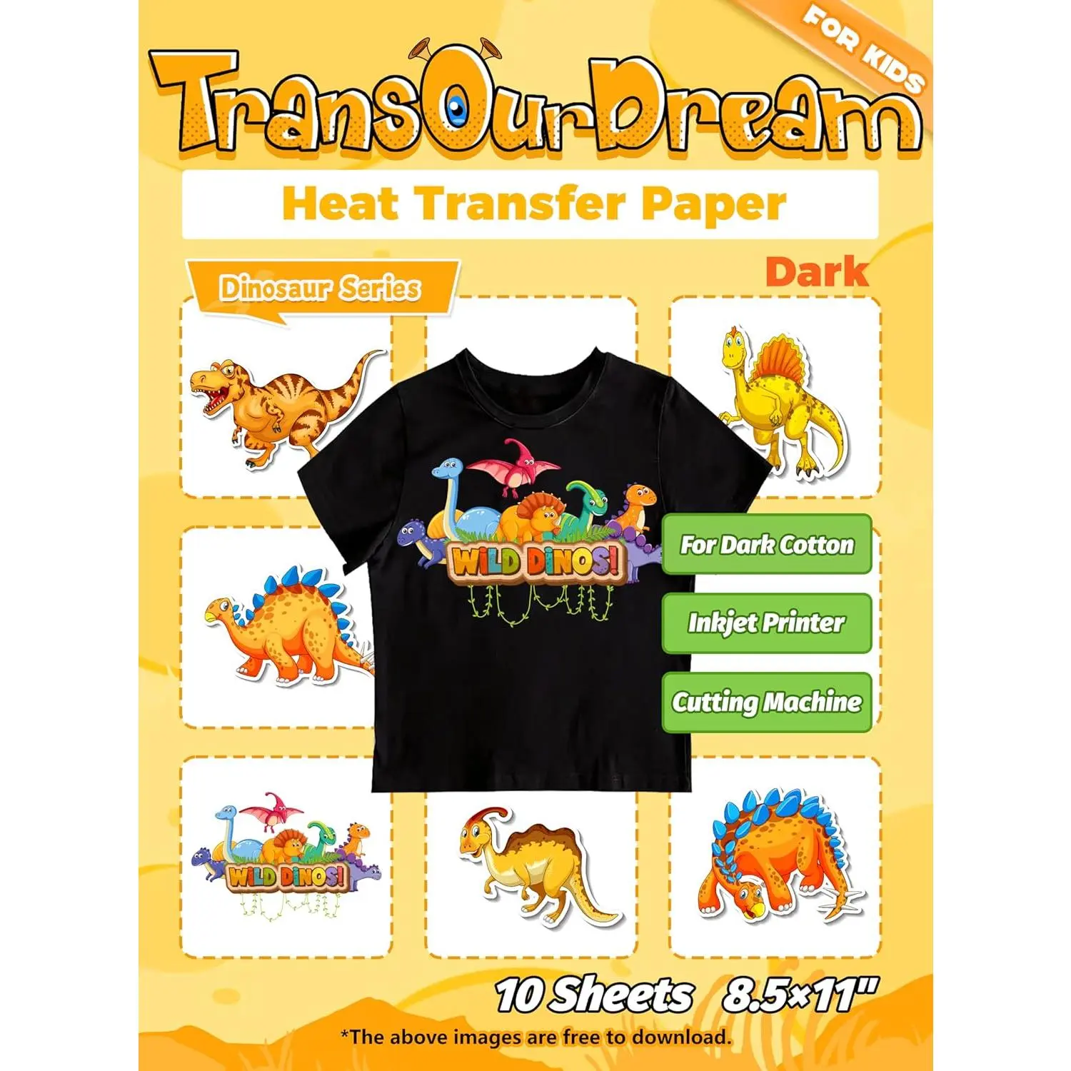 Dark Heat Transfer Paper for Inkjet Printer (10 Sheets, 8.5x11") Iron on Transfers for Dark Fabric, Printable Heat Transfer Vinyl for T Shirts, Stretchable & Washable