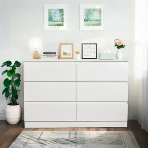 6 Drawer White Dresser, Modern Dresser for Bedroom with Spacious Countertop, Wood Storage Cabinet with Concealed Handles & 6 Deep Drawers for Bedroom, Living Room, Entryway, 15.7" D x 47.2" W x 30.9"