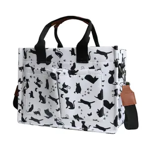 Cartoon Cat Print Women’s Tote Bag – Stylish Crossbody & Shoulder Bag with Multiple Pockets, Travel, Shopping & School Essentials Organizer, Built-In Water Bottle Strap, Durable Lightweight Everyday Tote