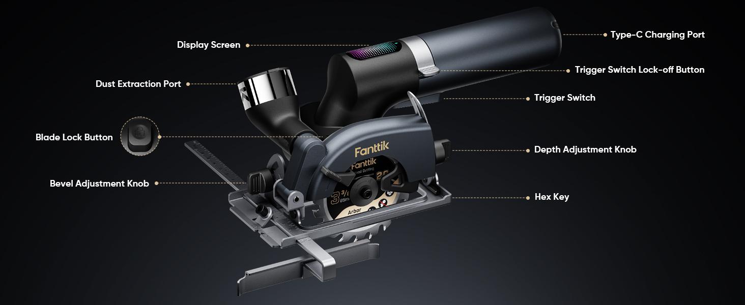 Fanttik O11 Pro Cordless Circular Saw Kit Set - 3-3/8 Inches, 4500RPM Brushless Motor, 1" Max Cutting Depth, 0-45° Bevel, Built-in Batteries, 2 Blades, Dust Port, Ideal for Cutting Wood, DIY Furniture, Home Renovation, Cordless Saw, Lithium Ion