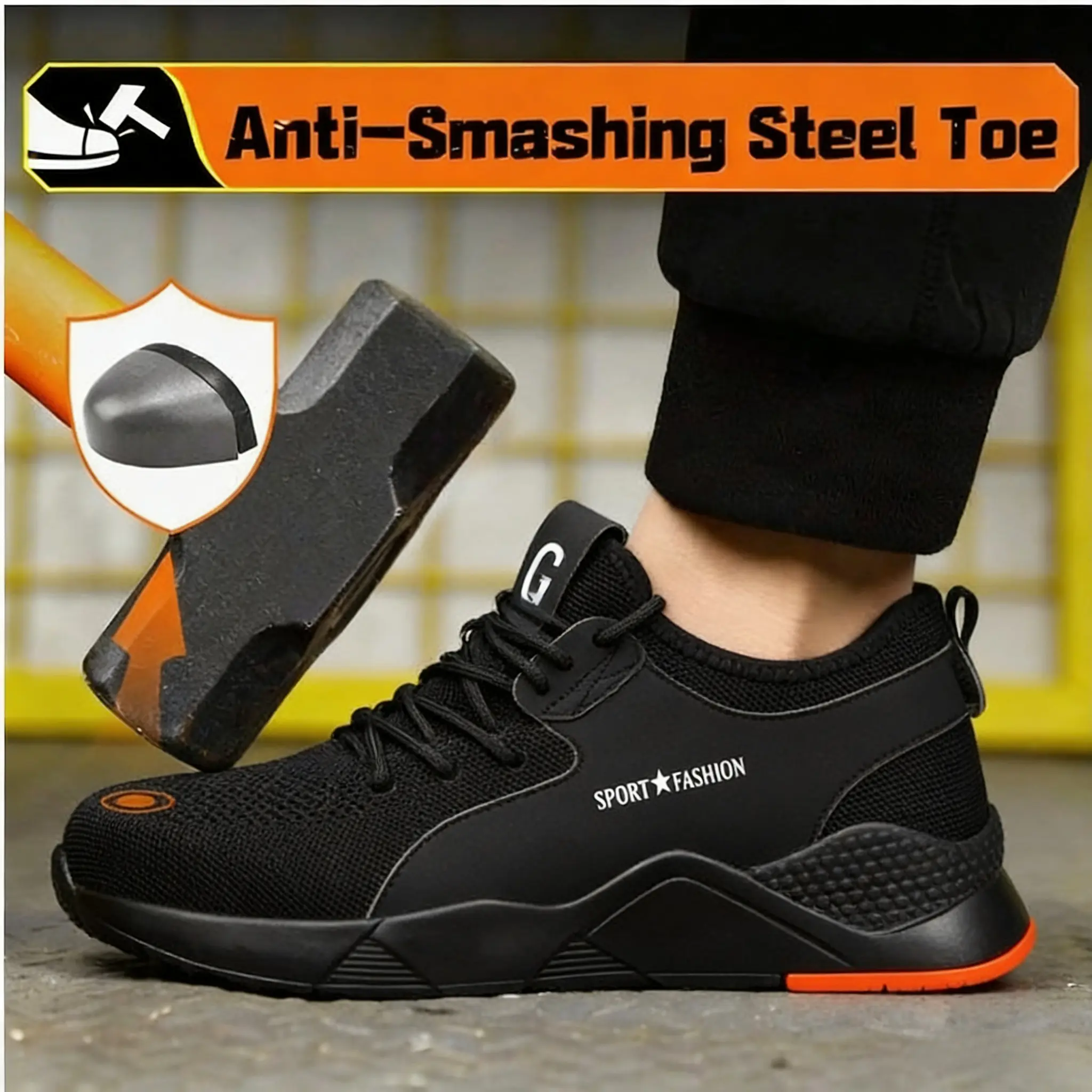 Men's Steel Toe Work Safety Shoes - Closed, Fashionable, Puncture-Proof, Lightweight, Durable, Breathable Round Toe Lace-Up Fabric Footwear for Workers, Outdoor Walking Shoes