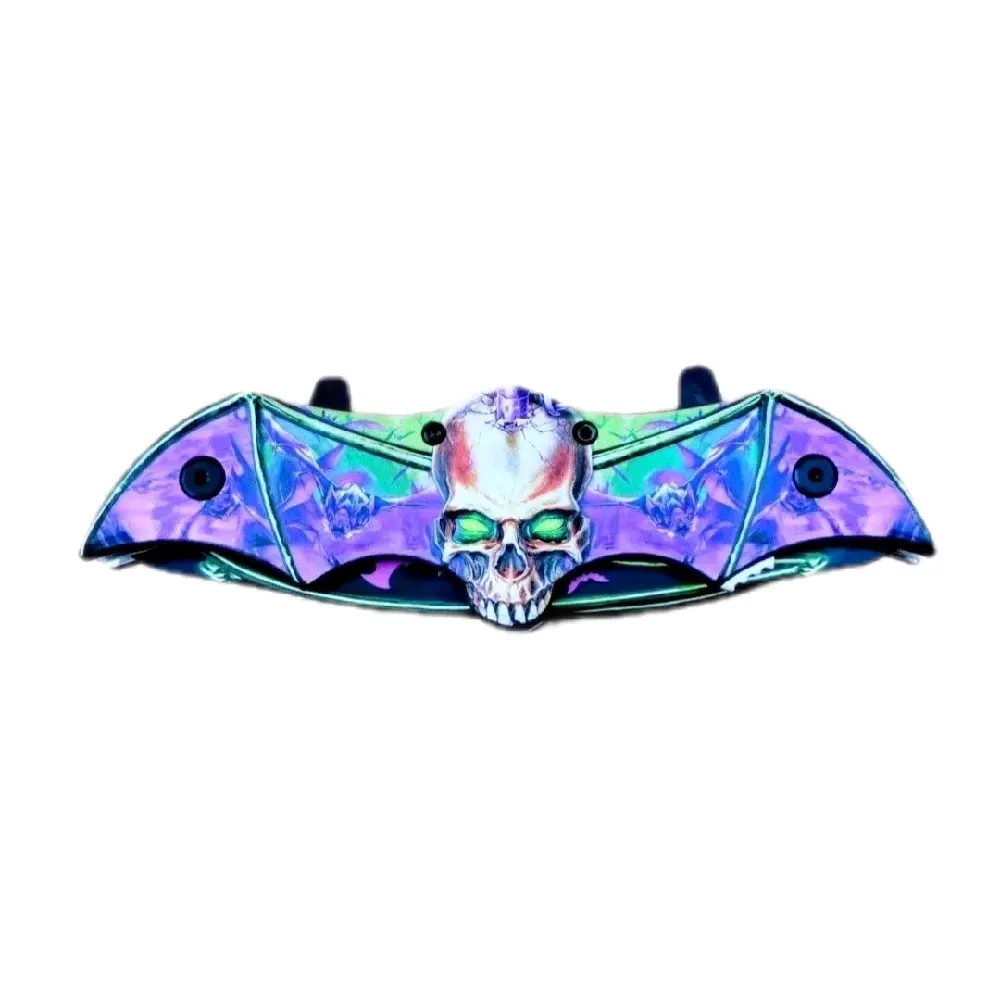 13 Inch 2 Blade Spring Assisted Folding Knife Purple Bat Shaped Handle Pocket Clip