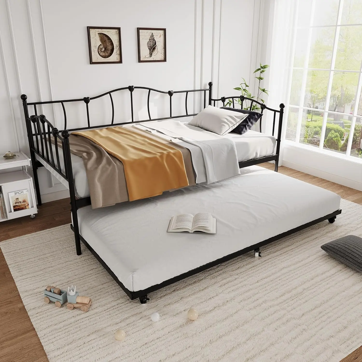 Garvee Metal Twin Daybed with Trundle Bed Twin Size Day Bed with Pullout Trundle and Headboard Metal Sofa Bed Frame with Steel Slat Support for Living Room Bedroom No Box Spring Needed Black Modern Design Multifunctional