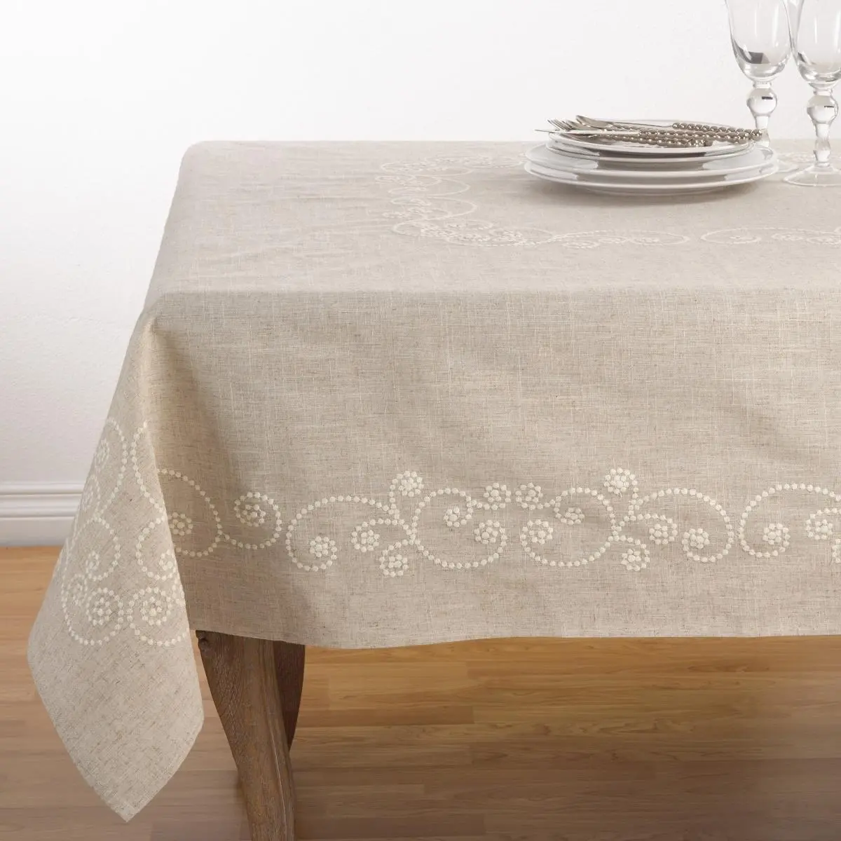 SARO 001.N67S 67" Linen Blend Tablecloth - Soft Embroidered Swirl Design, Organic Feel, Natural Color, Ideal for Party Use, Embroidery