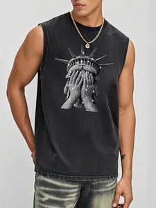Men's Sleeveless Cotton Fitted Tank Top, Trendy Simple Casual Vest, Graphic Print, Summer Vacation Friends' Gatherings, Inner Layer or Single Wear