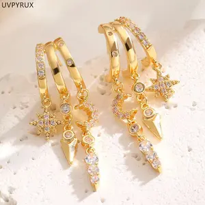 Trendy Fringe Zircon Hoop Earrings, Asymmetric Design Stacked Rivet Ear Accessories