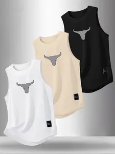 Summer Men's Casual Sleeveless Tank Top, Bull Head Graphic Print, Outdoor Sports Wear, Gym Workout Clothes, Fitness Outfit, Daily Versatile, 3 Pieces Set