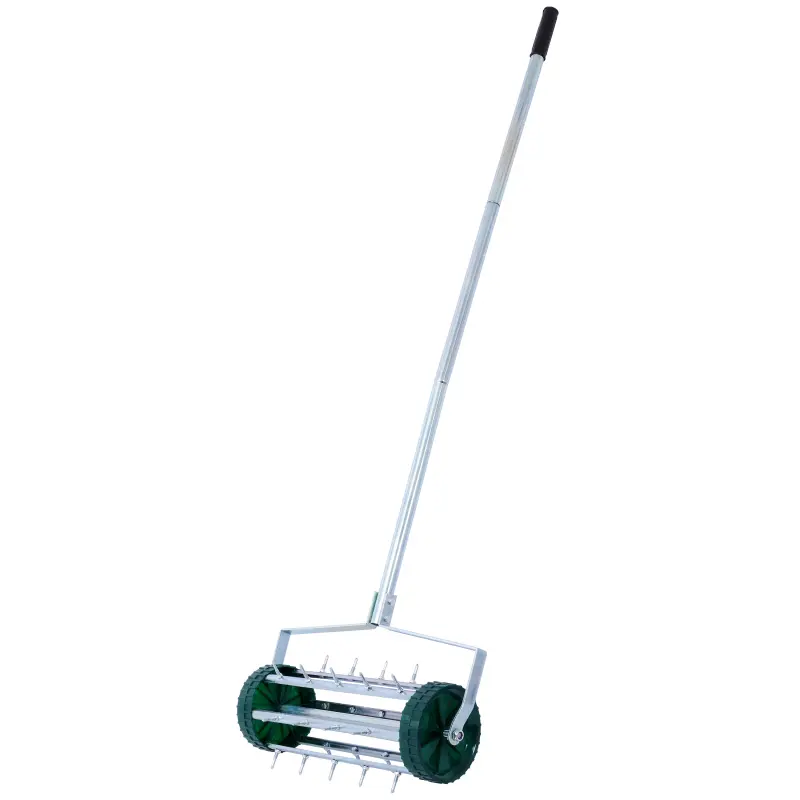 Rolling Lawn Aerator, 18-Inch Garden Yard Rotary Push Tine Heavy Duty Spike Soil Aeration, Manual Lawn Aeration Tool w/ 58-Inch Handle