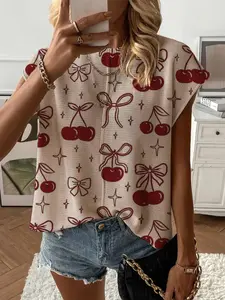 Spring Summer Women's Knit Top, Round Neck Shoulder Straps Loose Fit, Colorblock Cherry Bow Print Short Sleeve, Casual Elegant Commute Wear Womenswear