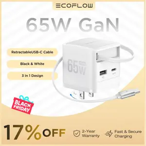 EF ECOFLOW 65W USB C Charger with Retractable Cable, 3-in-1 Phone Charger with Type C Cable, 2-Port Fast Charger Compatible with iPhone 16 Pro Max, iPad Pro/Air, Galaxy S25, Steam Deck (White) Electronic Cellphone iphone charger