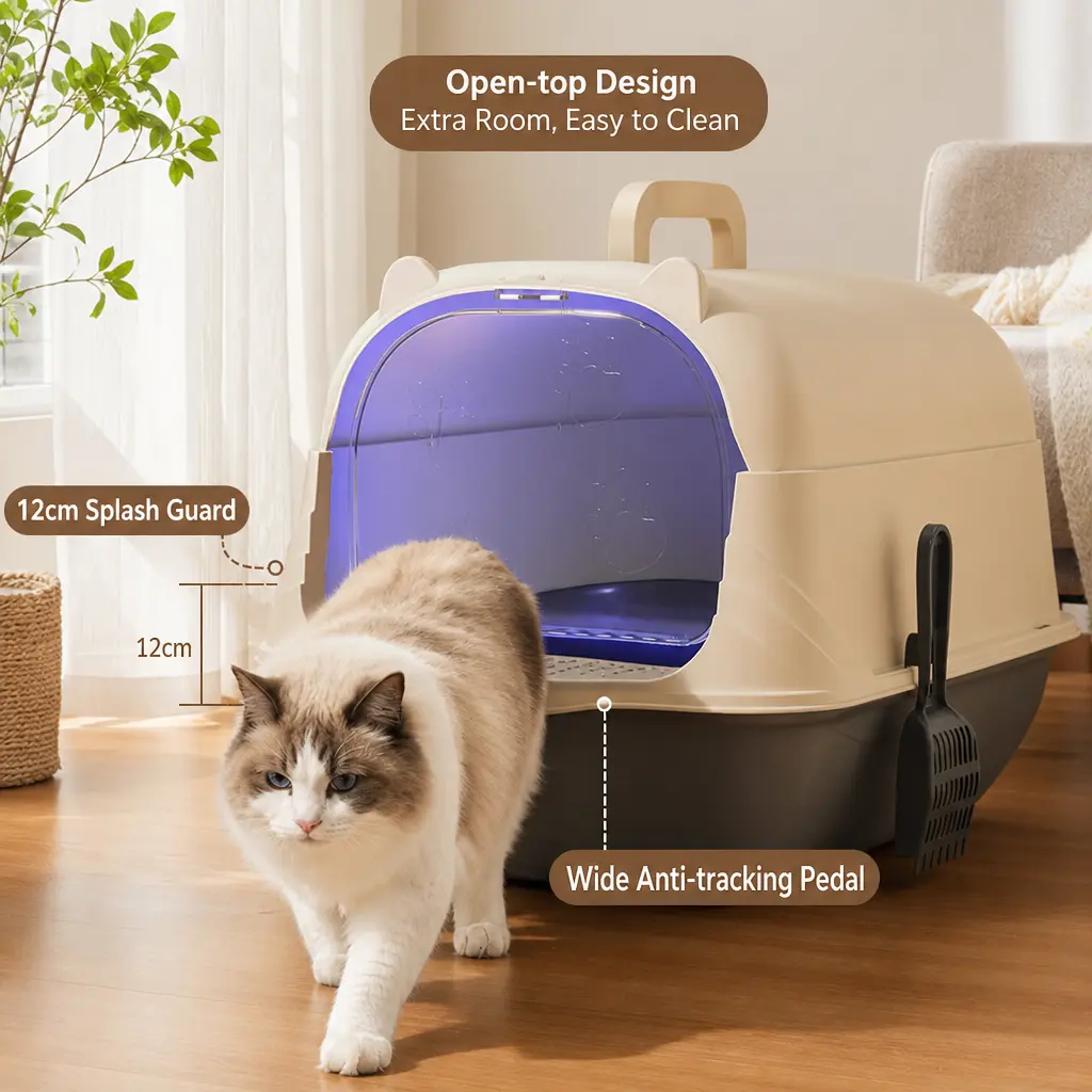 Large Fully Enclosed Litter Box with Cat Ear Flip-Open Design, 12cm Raised Splash Guard Rim, Wide Non-Slip Platform, Portable Handle, Side Hanging Design, Included Scoop, Ideal for Home & Long-Haired Cats