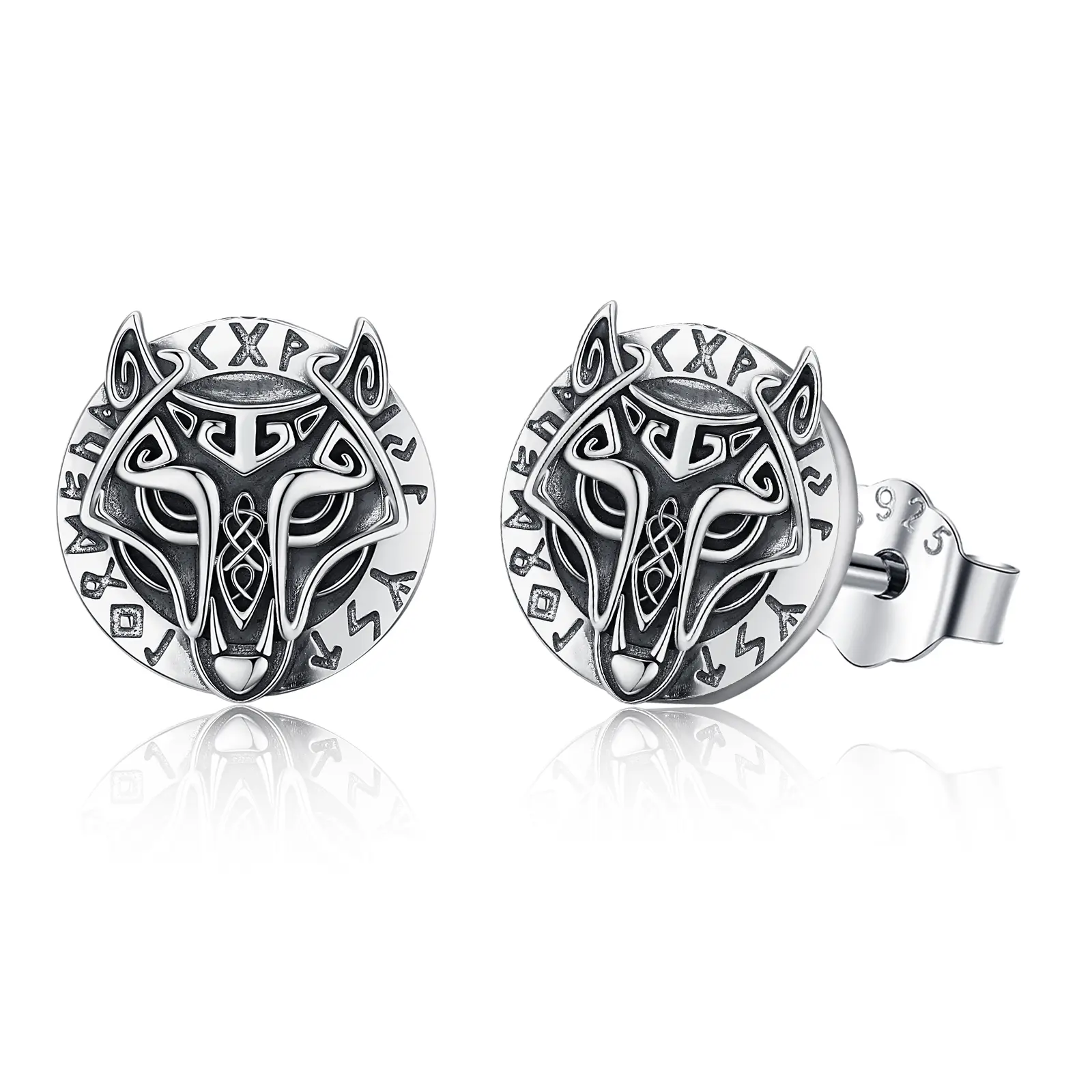Sebina Viking Wolf Head Stud Earrings Norse Rune - Engraved Silver Jewelry for Anniversary Birthday Gifting to Him/Her