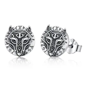 Sebina Viking Wolf Head Stud Earrings Norse Rune - Engraved Silver Jewelry for Anniversary Birthday Gifting to Him/Her