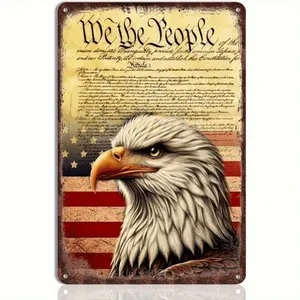 2D Flat, American Flag Metal Wall Sign with Eagle & "We The People" Declaration of Independence - Iron Suitable for, Office, Decor - Classic Historical Patriotic Decoration for 4th of Gifts, American History Room Decorations