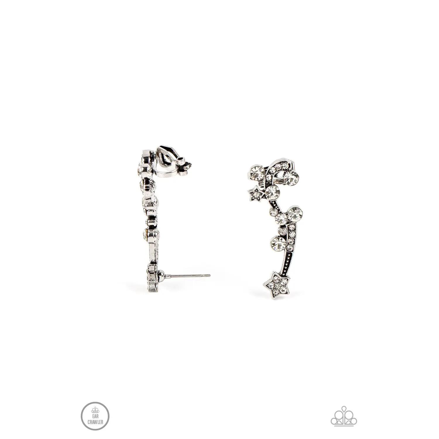 Astral Anthem - White Rhinestone Star Silver Crawler Earrings - Paparazzi