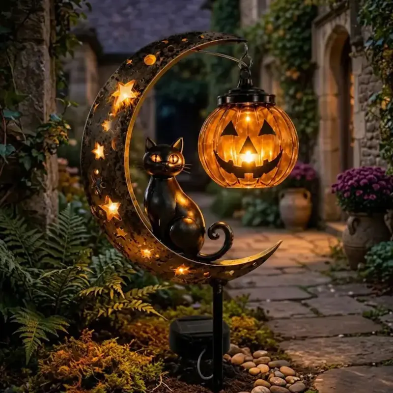 Solar Halloween Pumpkin Moon Garden Stake Lights, Waterproof Black Cat Crescent Moon Metal Jack O' Lantern Fairy Lights for Yd Patio Walkway, Gothic Spooky Seasonal Outdoor Decor Gift for Home Improvement Garden Supplies