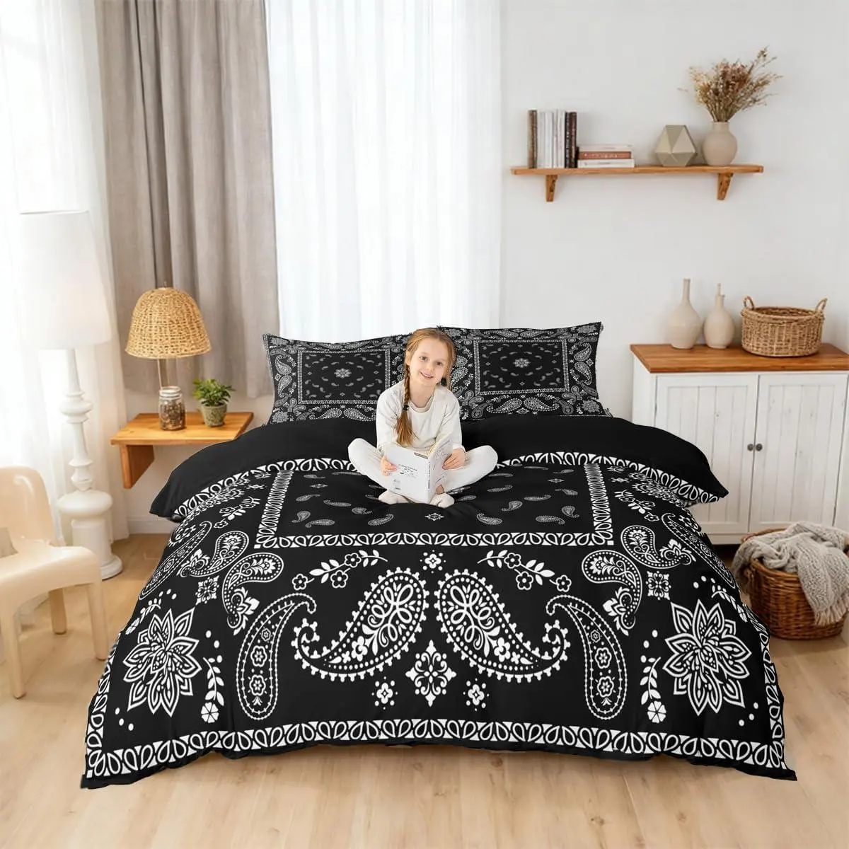 Modern Fashion Paisley Flower Floral Print Comforter Cover for Women Men Boys Girls Bedroom Decorative   Bedding Set,Black