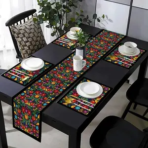 1/5/7 piece table runway and placemat set, featuring Mexican May 5th decorations and vivid floral patterns, for holiday gatherings, home kitchens, dining tables, living rooms, and daily indoor and outdoor use in households, Kitchen Decorative Placemat