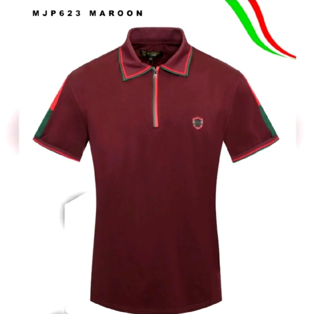 MJP623 MAROON Men's Polo Shirt with zipper  Design and Red Green Trim Details. 623 (b2)
