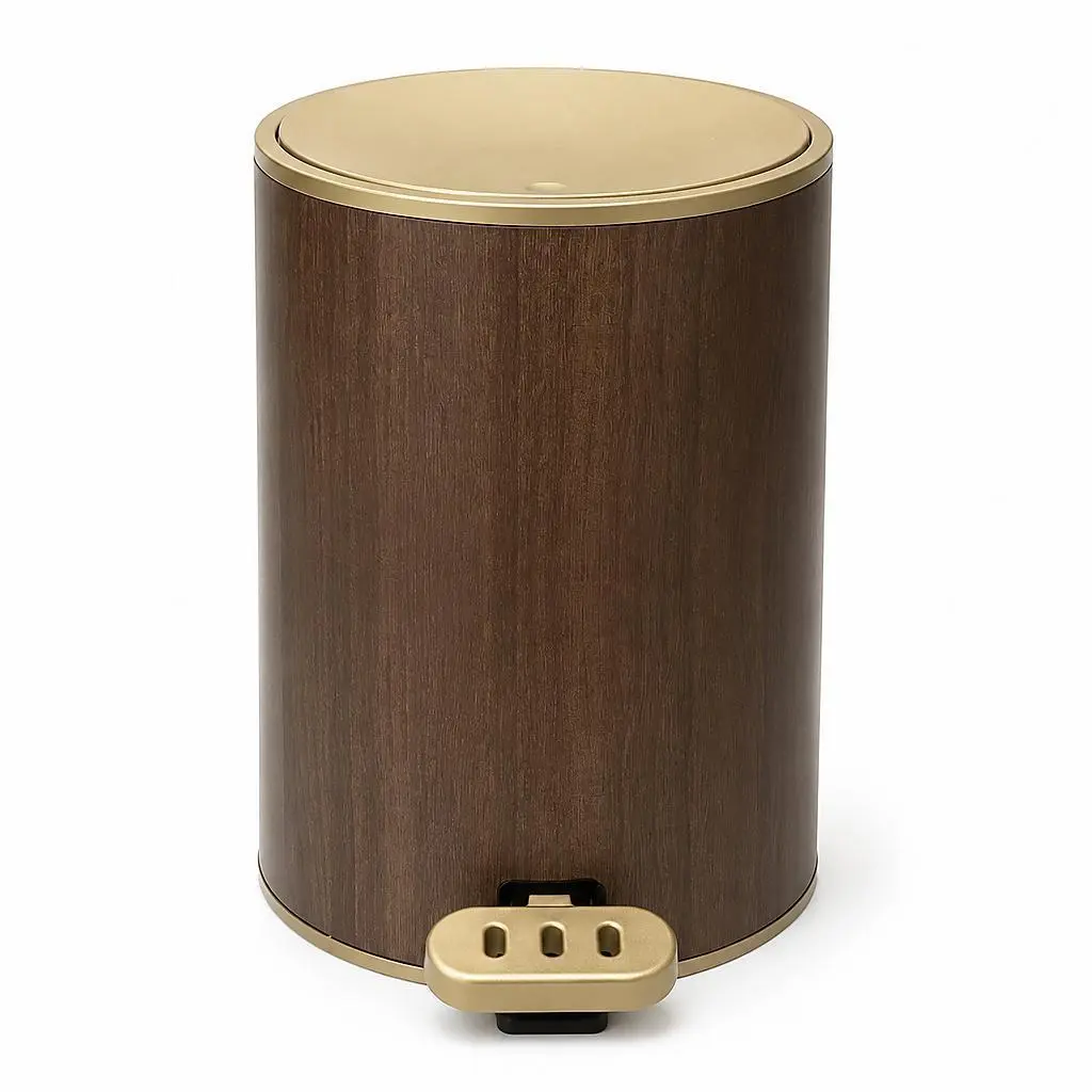 Pedal Trash Can Dark Walnut Wood Grain Narrow Rectangular Champagne Gold Rim Removable Inner Bucket Quiet Slow Close Odor Sealed for Bathroom Kitchen Office Small Apartment space motion dual compartment bag holder soft-close lid labor day sale double bin