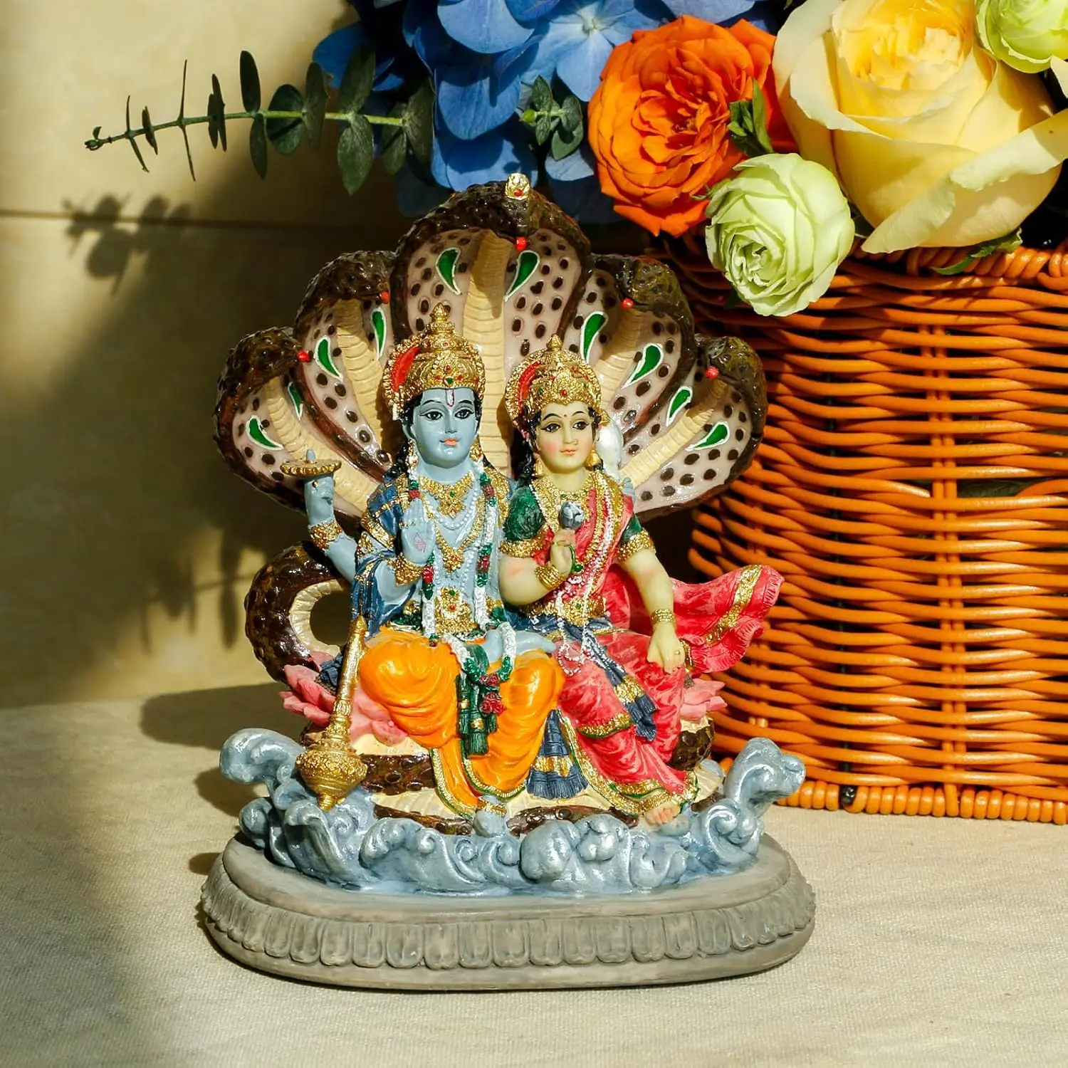 alikiki Hindu Laxmi Narayan Statue - 6.4”H Indian Idol Lakshmi Narayan Bhagwan Lord Vishnu MATA Murti Item Indian God Home Office Temple Mandir Shrine Altar Pooja Decor India Diwali Puja Gifts