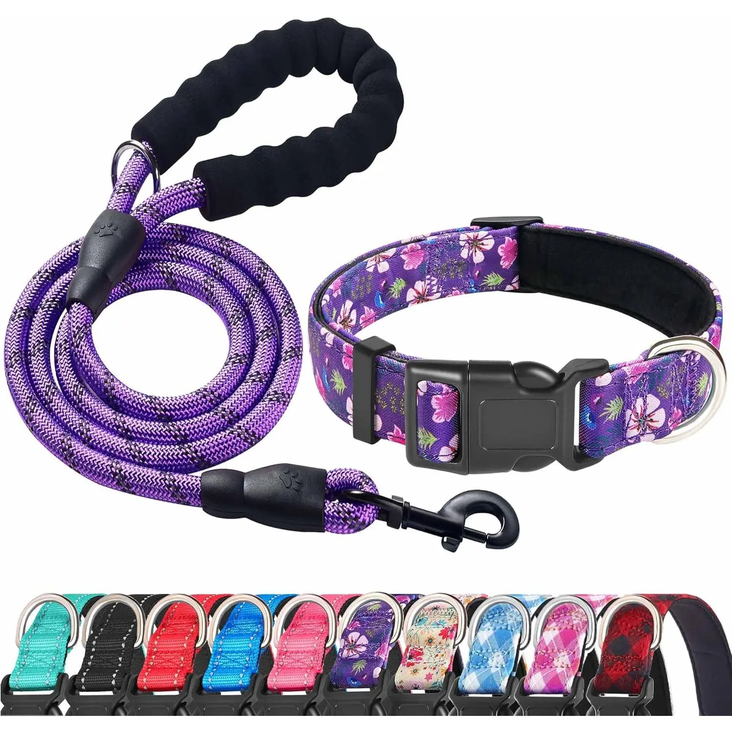 Purple/pink Floral Collar+Leash
