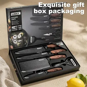 6Pcs Kitchen Chef Knife Set, Slicing Knife, Scraper And Scissors, High Carbon Stainless Steel Super Sharp, with Anti-stick Ergonomic Wooden Handle, Professional Chef's Knife Set, Suitable for Family Travel, Gift Box Set