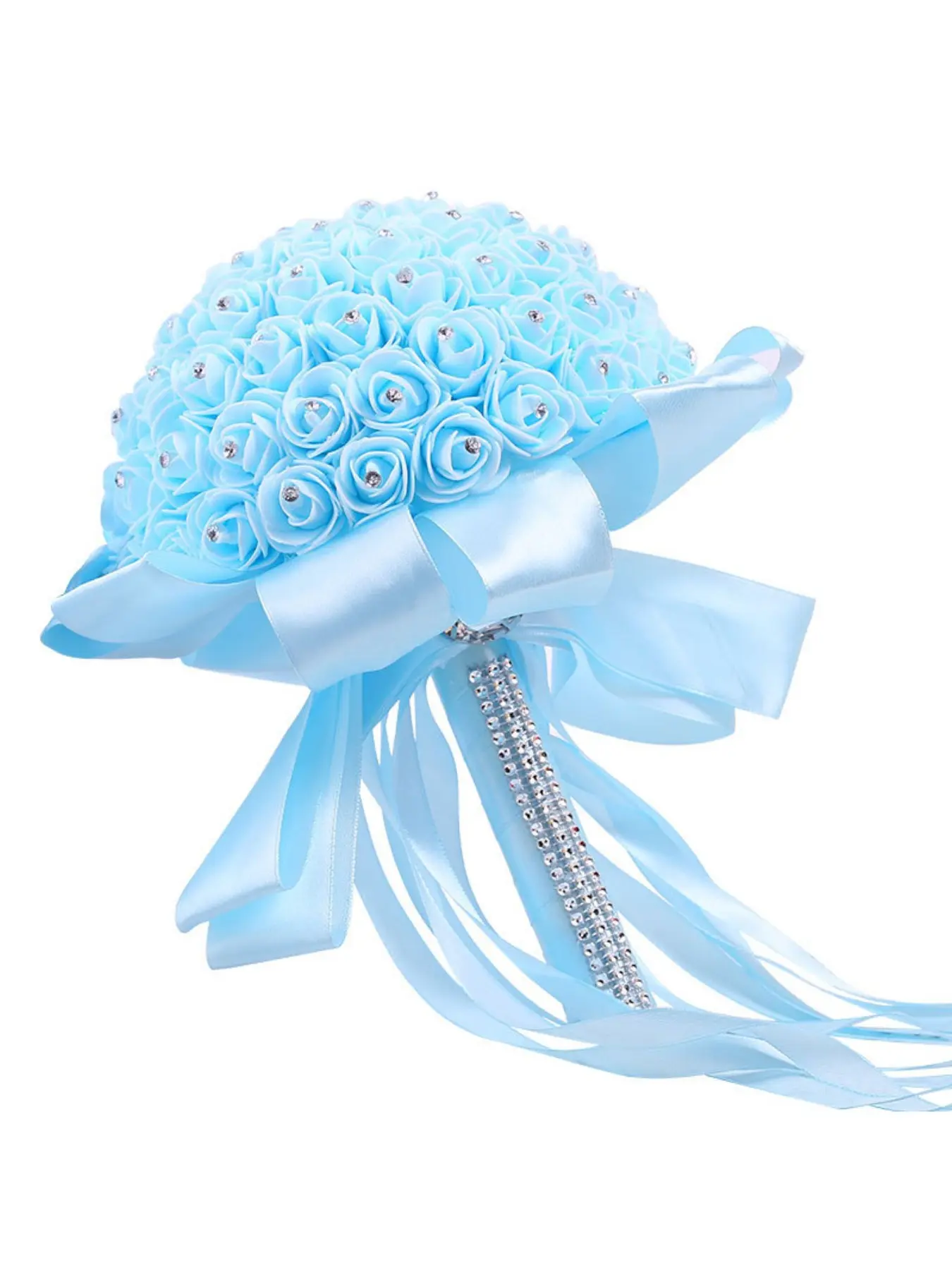Handmade rhinestone bride simulation holding flowers, with elegant ribbons, wedding flowers, suitable for bridesmaids, engagement parties, Valentine's Day gifts, church decoration, atmosphere camera props