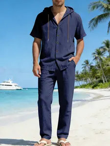 Men's Spring Summer Linen Breathable Casual Vacation Hooded Short Sleeve Shirt Straight Leg Pants Set, Loose Fit, Plain Pattern, H Type