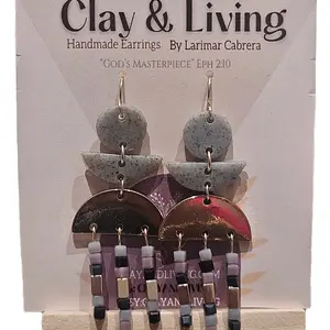 Clay & Living Handmade Earrings by Larimar Cabrera. Unique Design with Beads and Stones. The name of this peace is HOPE.