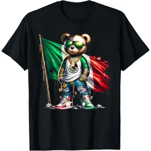 Men's Graphic Tees Casual Cotton T-Shirt with Cool Mexican Pride Bear Design, Hip Style with Flag, men gifts, Fashion Top Fathersdaygift Tshirt funny graphic tee