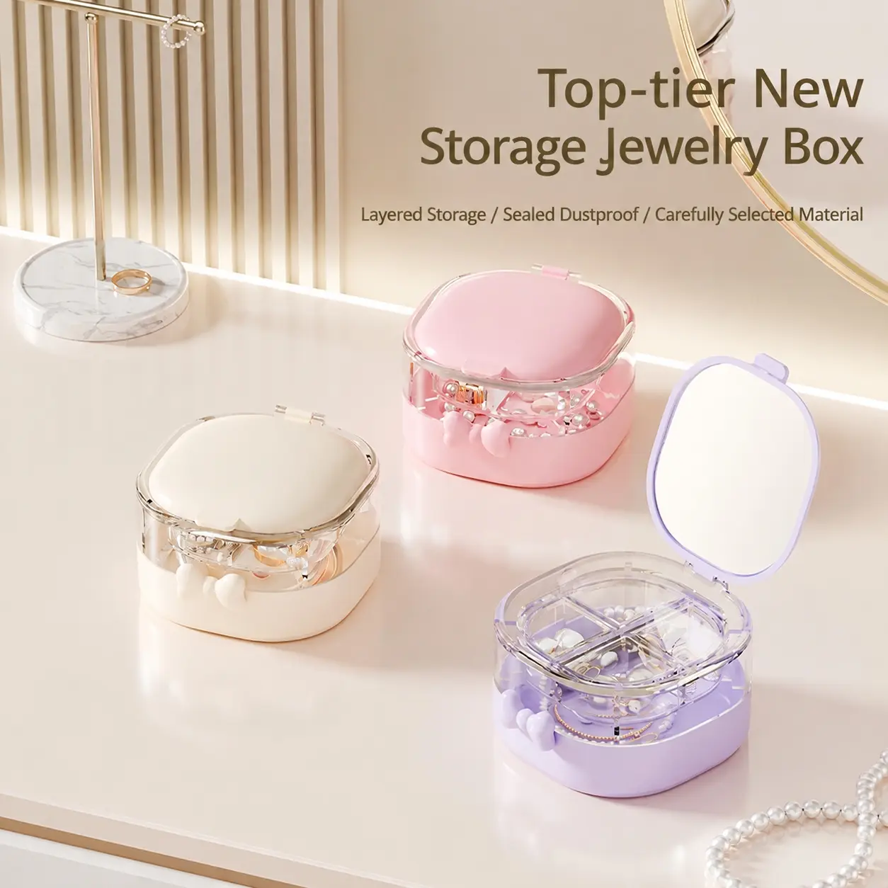 Exquisite Layered Jewelry Box with Mirror — Sealed & Dustproof Storage for Earrings, Necklaces & Earrings, Travel-Portable Case with Divided Compartments, Large-Capacity, Suitable for Outdoor Travel, Dustproof & Waterproof Organizer with Lid