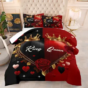 Couple “King & Queen” Quilt/Comforter Set (2/3 Pcs): Includes 1 Quilt+ 1/2 Pillowcases (No Filler), Romantic Patterns of Crowns, Hearts, “King/Queen” Letters, Gender Symbols,Couple Bedrooms, Wedding Room Decoration, Themed Guesthouses, Sweet Gatherings