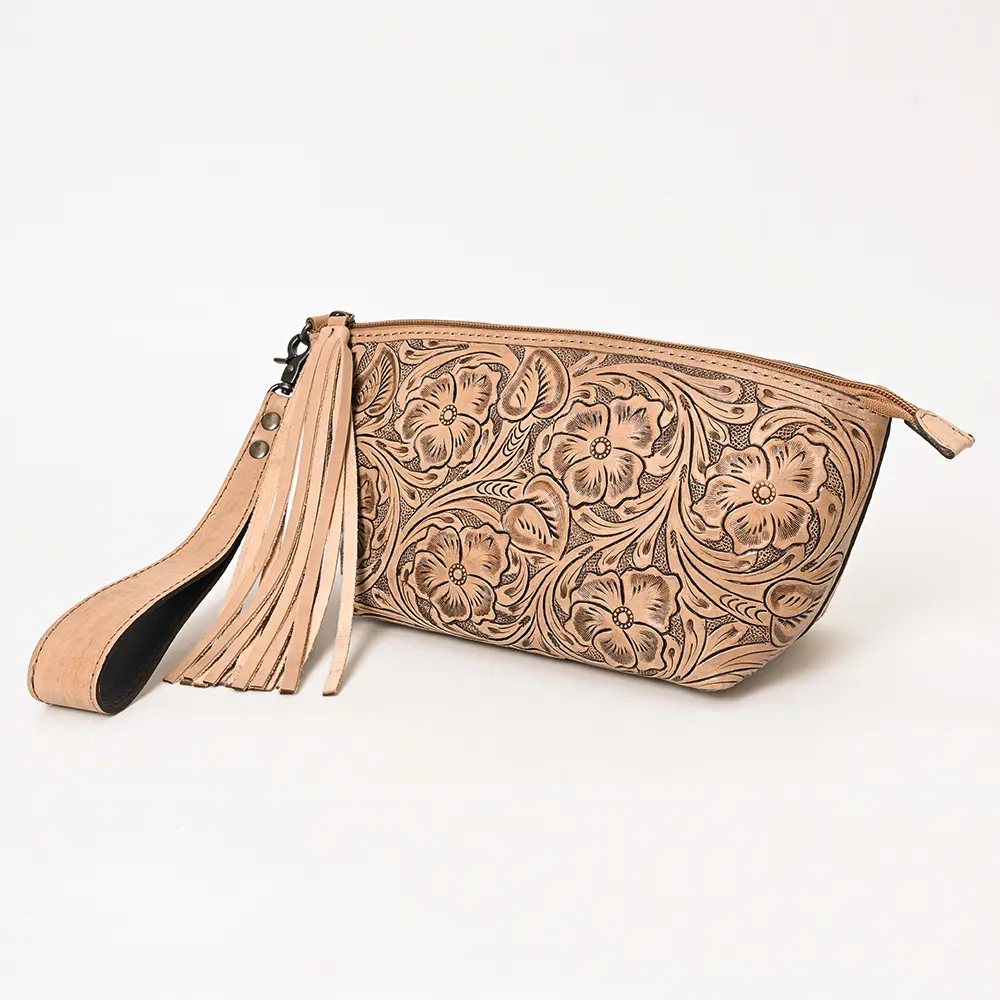 American Darling Western Hand-Tooled Leather Wristlet Bag – Genuine Floral Carved Women’s Clutch with Fringe Strap