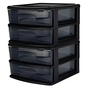 Homz Plastic 2 Drawer Medium Storage Cart, Black Frame with Smoke Drawer, 2 Pack